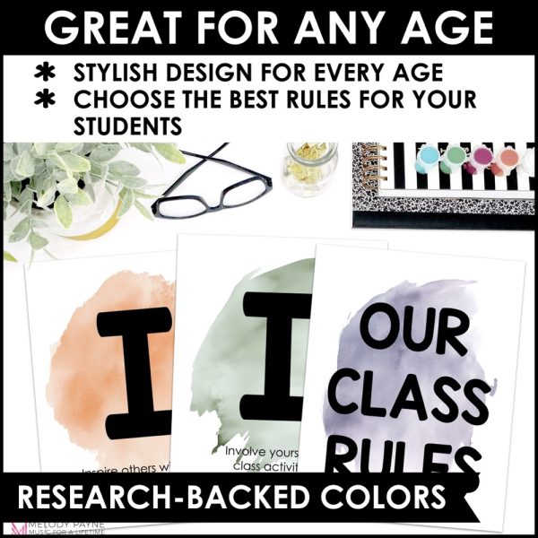 MUSIC Rules & Expectations Posters - Boho Watercolor Rainbow Music Class Decor: Great for any age!