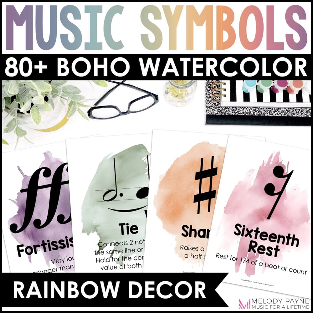 Music Symbols, Terms, Definitions Posters - Boho Watercolor Rainbow Music Decor