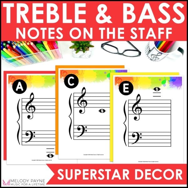 Treble and Bass Clef Notes Posters - Superstar Rainbow Music Classroom Decor