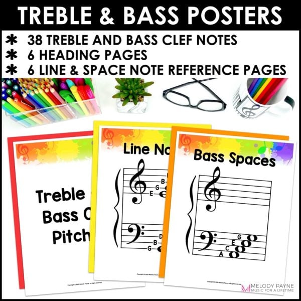 Treble and Bass Clef Notes Posters - Superstar Rainbow Music Classroom Decor