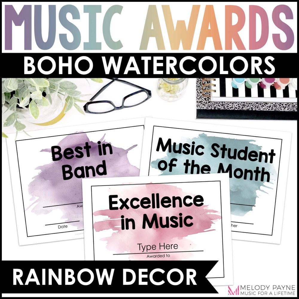 End of Year Music Award Certificates - Editable Boho Watercolor Student Awards
