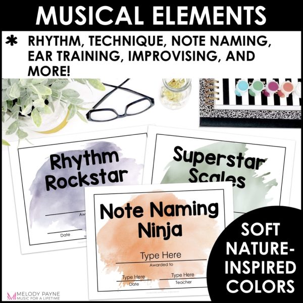 End of Year Music Award Certificates - Editable Boho Watercolor Student Awards for Musical Elements, in Soft, Nature-Inspired Colors