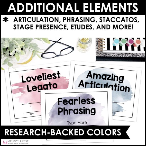 End of Year Music Award Certificates - Editable Boho Watercolor Student Awards - Additional Musical Elements such as Legato, Phrasing, Articulation, and More in Research-Backed Colors