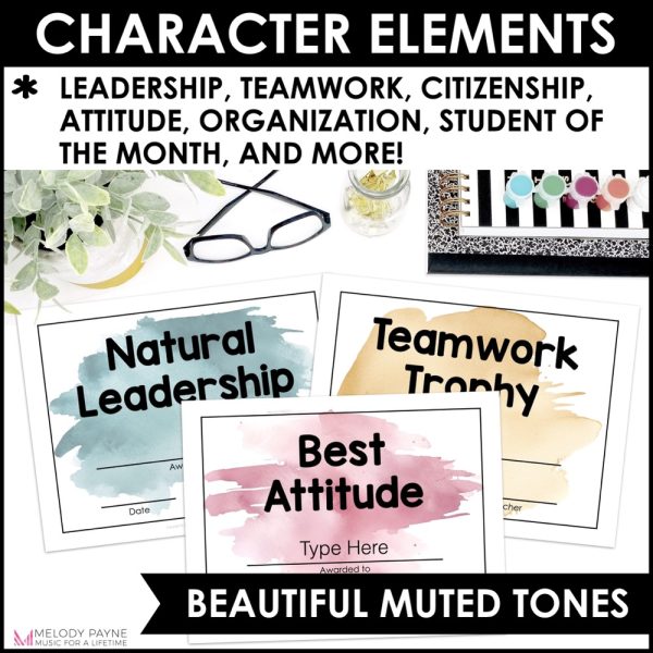 End of Year Music Award Certificates - Editable Boho Watercolor Student Awards - Character Elements such as Leadership, Teamwork, and Attitude, in Beautiful, Muted Boho Watercolor Tones