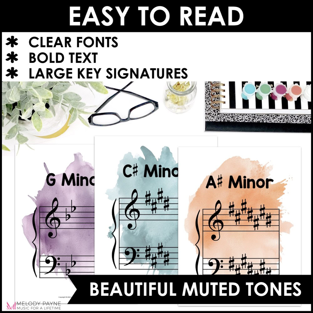 Major and Minor Key Signatures Posters - Boho Watercolor Music Classroom Decor