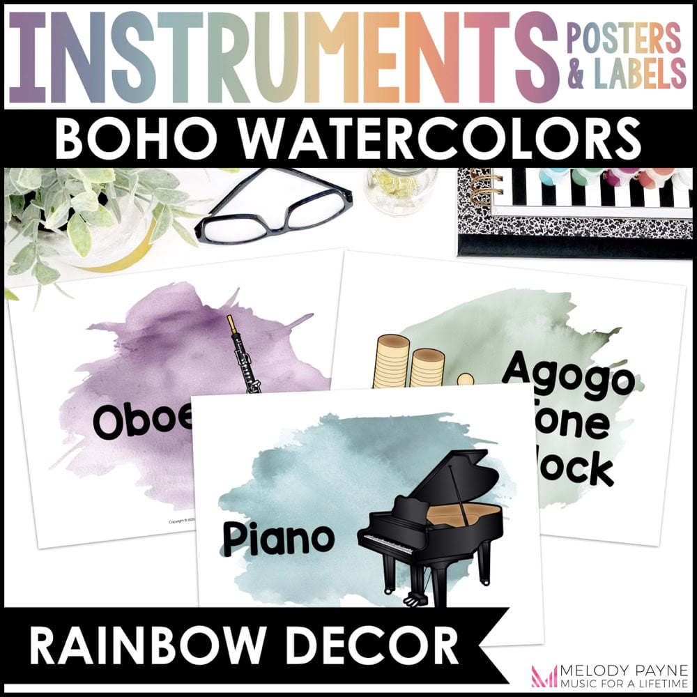Musical Instrument Posters and Labels - Boho Watercolor Music Classroom Decor - Piano, Oboe, Agogo Tone Block, and More!