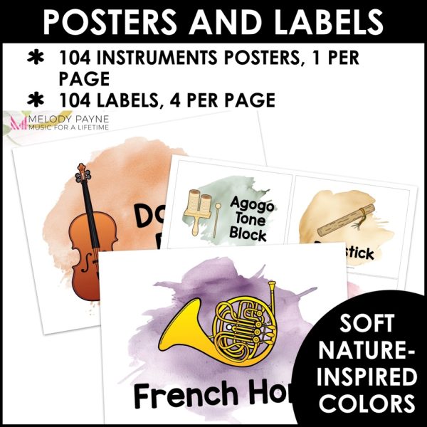 Musical Instrument Posters and Labels - Boho Watercolor Music Classroom Decor - 104 Instrument Posters & 104 Labels in Soft-Nature-Inspired Colors
