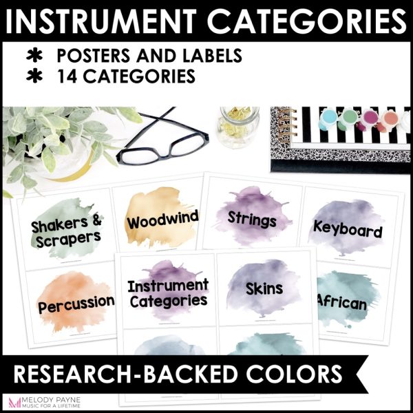 Musical Instrument Posters and Labels - Boho Watercolor Music Classroom Decor - 14 Musical Instrument Categories in Research-Backed Colors