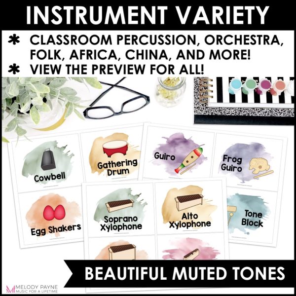 Musical Instrument Posters and Labels - Boho Watercolor Music Classroom Decor - Variety of Instruments in Beautiful Muted Tones