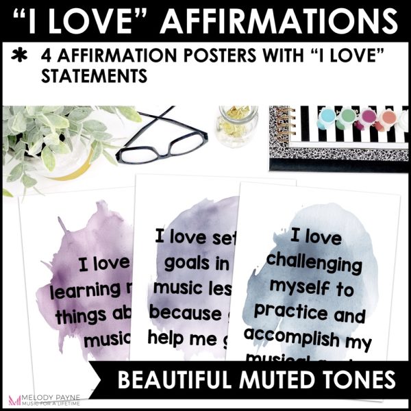 Positive Affirmations Music Posters - Boho Watercolor Music Classroom Decor - Calming Colors - "I Love" Music Affirmations for Music Students