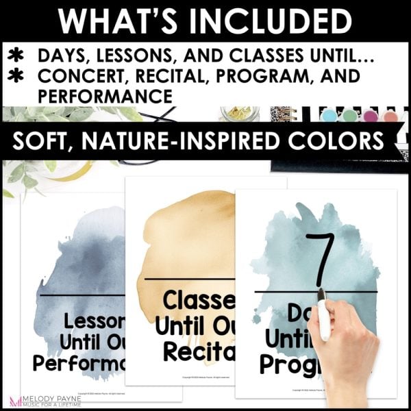 Recital & Concert Countdown Posters - Boho Watercolor Music Classroom Decor - soft, nature-inspired colors