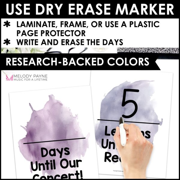Recital & Concert Countdown Posters - Boho Watercolor Music Classroom Decor - research-backed colors for your music classroom