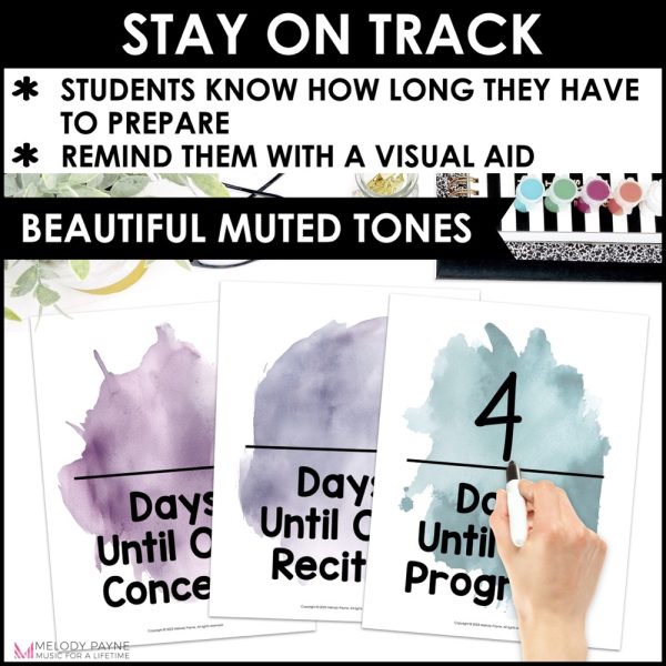 Recital & Concert Countdown Posters - Boho Watercolor Music Classroom Decor - beautiful muted watercolor tones