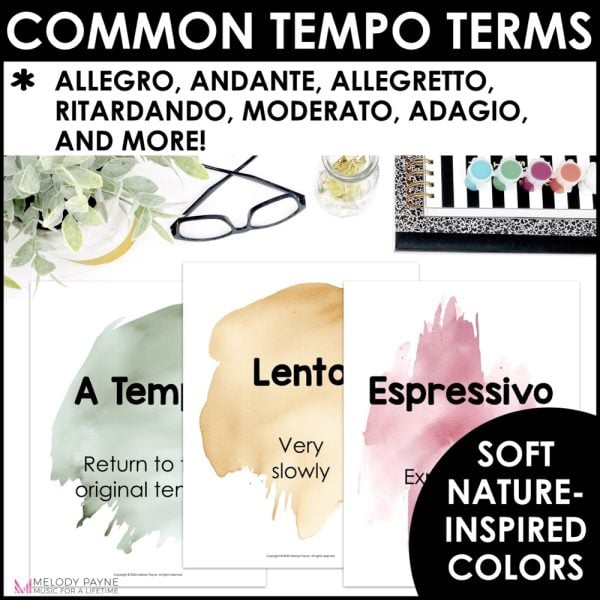 Tempo Terms and Definitions Posters - Boho Watercolor Music Classroom Decor - Soft, Nature-Inspired Colors