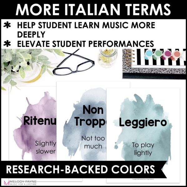 Tempo Terms and Definitions Posters - Boho Watercolor Music Classroom Decor - Research-Backed Colors