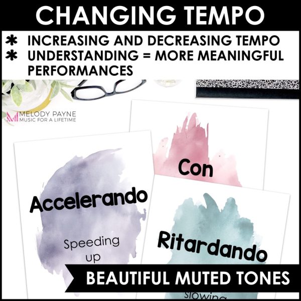 Tempo Terms and Definitions Posters - Boho Watercolor Music Classroom Decor - Beautiful Muted Tones