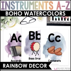 Musical Instruments A to Z Alphabet Posters – Boho Watercolor Music Class Decor