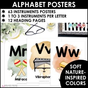 Musical Instruments A to Z Alphabet Posters – Boho Watercolor Music Class Decor