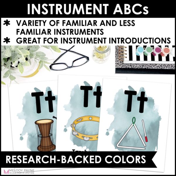 Musical Instruments A to Z Alphabet Posters - Boho Watercolor Music Class Decor - T is for Tambourine