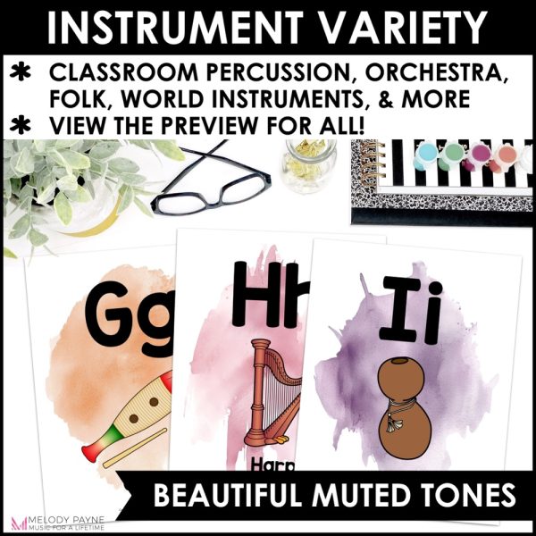 Musical Instruments A to Z Alphabet Posters - Boho Watercolor Music Class Decor - G is for Guiro