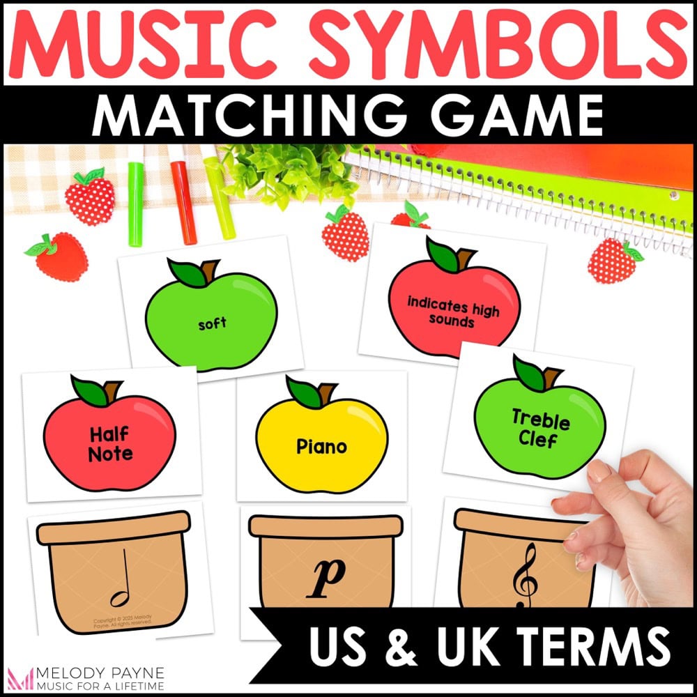 Music Symbols Matching Game - Notes, Rests, Dynamics, Clefs - Fall Apples with US and UK Music Terms