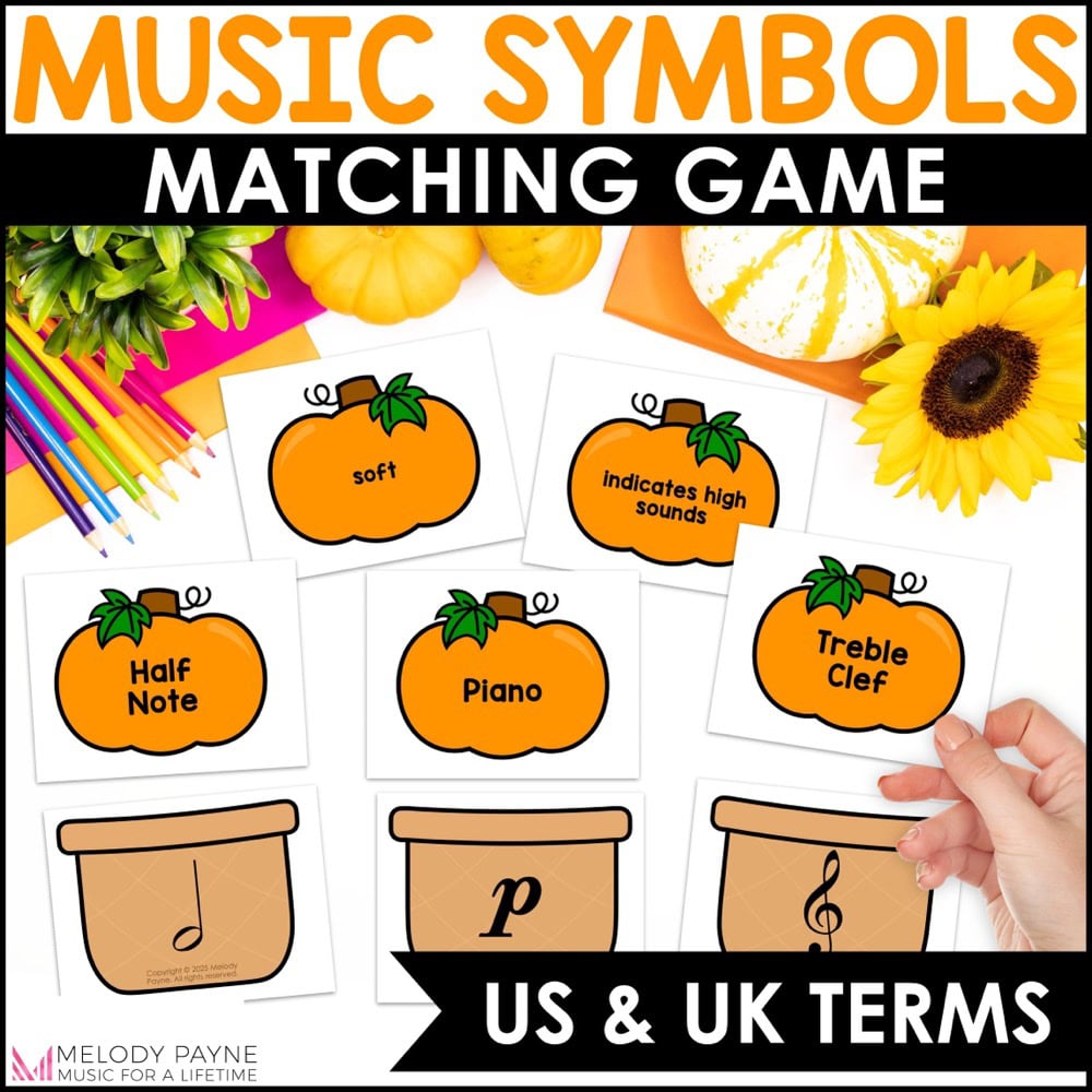 Music Symbols Matching Game - Notes, Rests, Dynamics, Clefs - Fall Pumpkins and Baskets