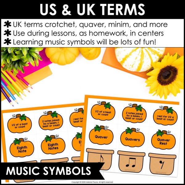 Music Symbols Matching Game - Notes, Rests, Dynamics, Clefs - Fall Pumpkins and Baskets with US and UK Music Terms