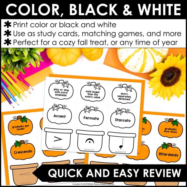 Music Symbols Matching Game - Notes, Rests, Dynamics, Clefs - Fall Pumpkins and Baskets - Color Plus Black and White Versions