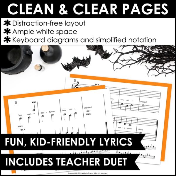 Pre-Staff Halloween Piano Sheet Music Solo for Beginners - Halloween Blues - clean and clear pages, kid-friendly lyrics, and teacher duet