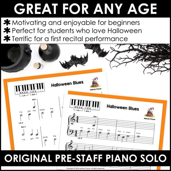 Pre-Staff Halloween Piano Sheet Music Solo for Beginners - Halloween Blues - great for any age, motivating, and terrific for a first recital performance