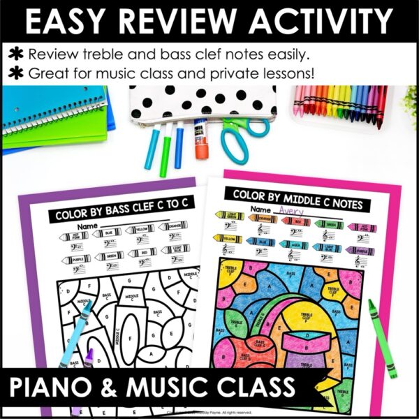 Back to School Color by Note Music Coloring Pages - Treble & Bass Note Reading, Recognition, and Identification