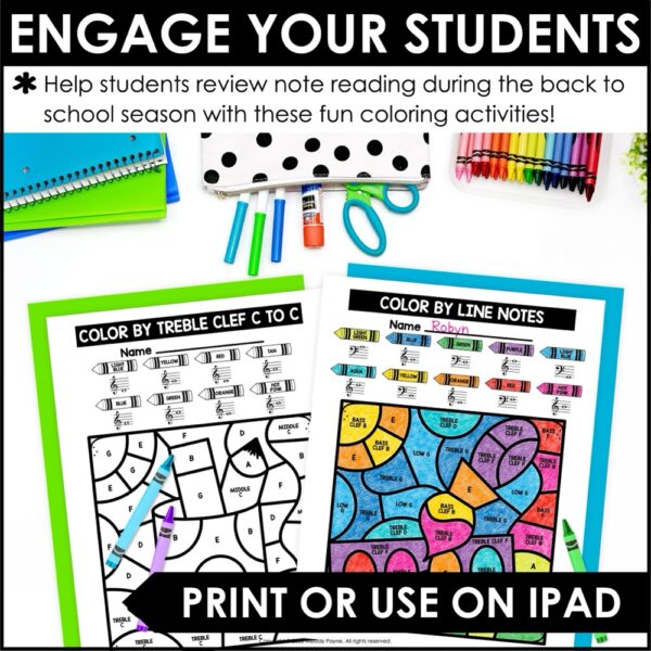 Back to School Color by Note Music Coloring Pages - Treble & Bass Note Reading, Recognition, and Identification