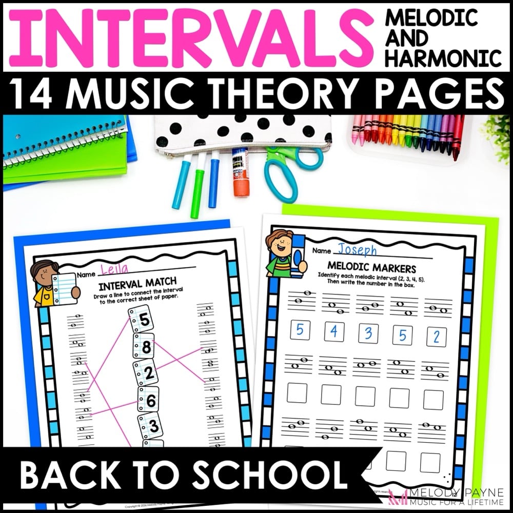 Back to School Intervals Music Worksheets - Melodic & Harmonic 2nds to Octaves - 14 Music Theory Pages