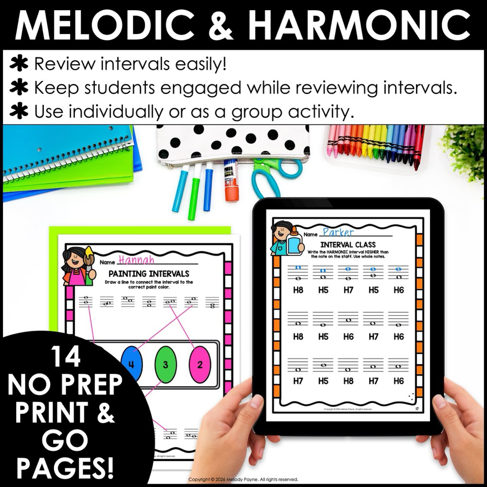 Back to School Intervals Music Worksheets - Melodic & Harmonic 2nds to Octaves 2 Back to School Intervals Music Worksheets - Melodic & Harmonic 2nds to Octaves - No Prep Pages