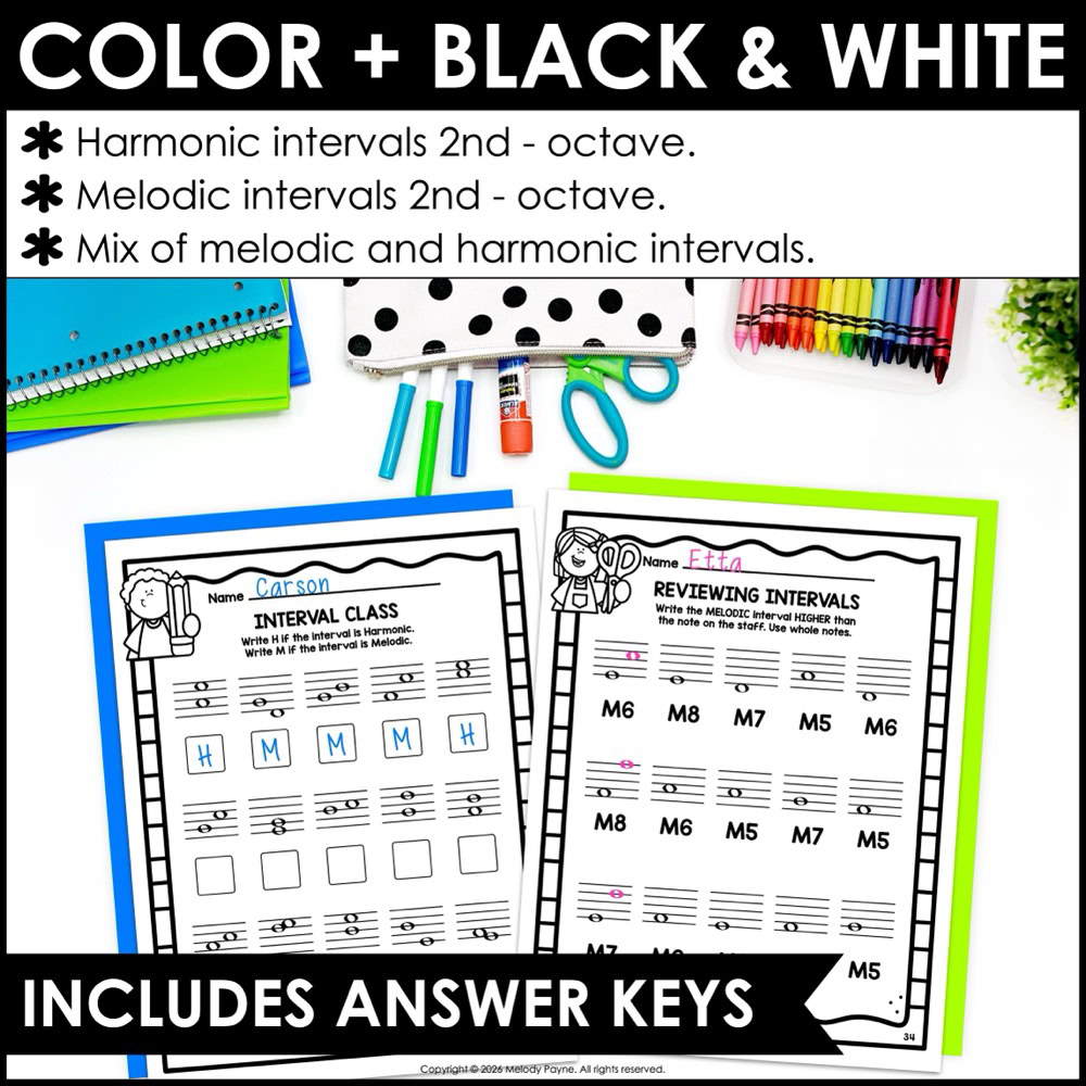 Back to School Intervals Music Worksheets - Melodic & Harmonic 2nds to Octaves 3 Back to School Intervals Music Worksheets - Melodic & Harmonic 2nds to Octaves - Color plus black and white worksheets