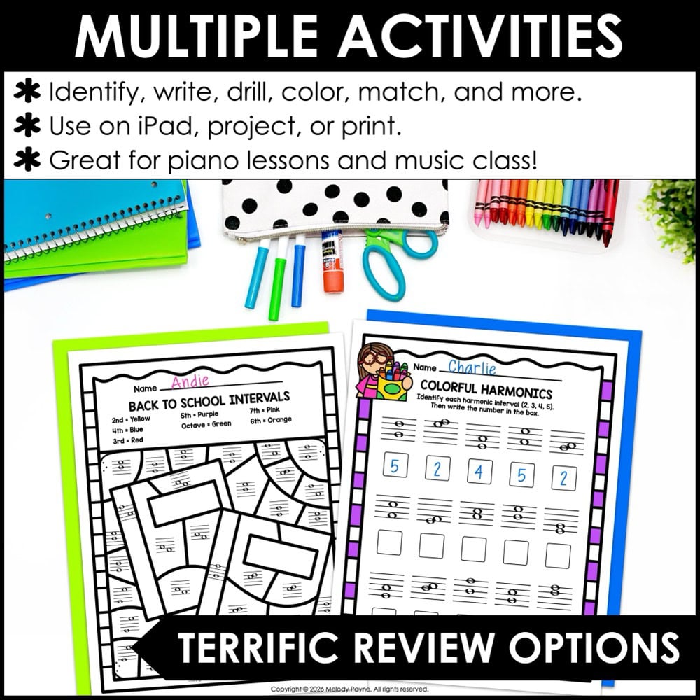 Back to School Intervals Music Worksheets - Melodic & Harmonic 2nds to Octaves 4 Back to School Intervals Music Worksheets - Melodic & Harmonic 2nds to Octaves - Multiple activities to review intervals, terrific review options plus answer keys