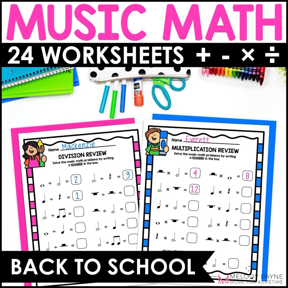 Back to School Music Math Rhythm Worksheets - Notes & Rests Theory Activities - Add, Subtract, Multiply, Divide