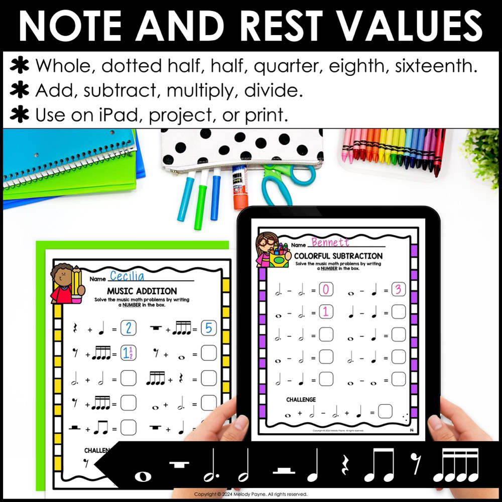 Back to School Music Math Rhythm Worksheets - Notes & Rests Theory Activities 2 Back to School Music Math Rhythm Worksheets - Notes & Rests Theory Activities - Quarter to Sixteenth notes and rests