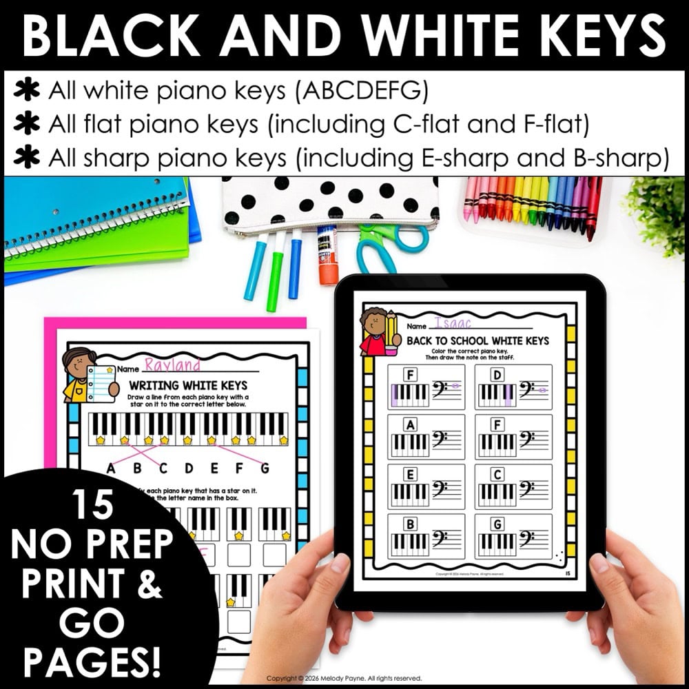 Back to School Piano Keys Worksheets - White & Black Keys, Sharps, Flats, Staff 2 Back to School Piano Keys Worksheets - White & Black Keys, Sharps, Flats, Staff - No prep pages