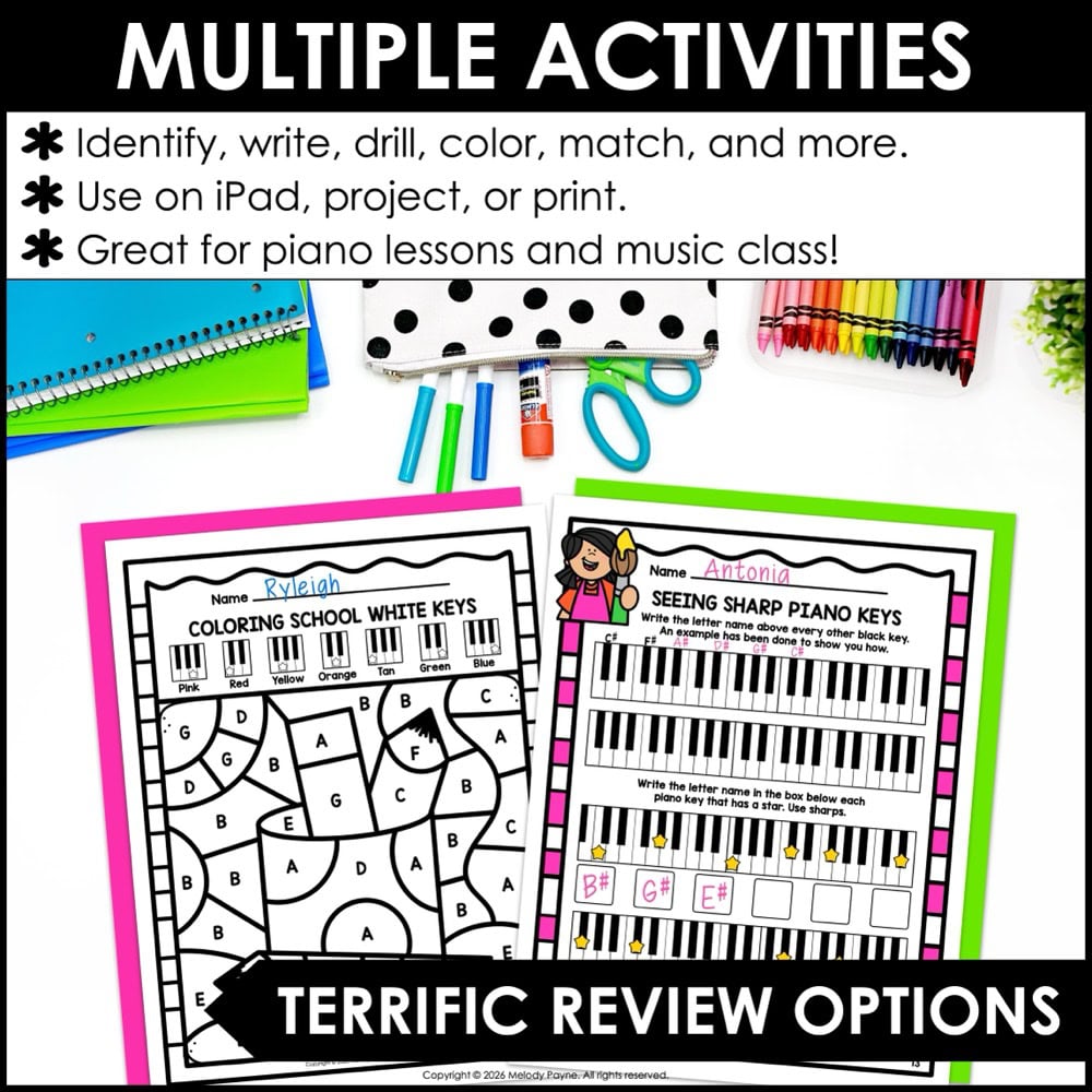 Back to School Piano Keys Worksheets - White & Black Keys, Sharps, Flats, Staff 3 Back to School Piano Keys Worksheets - White & Black Keys, Sharps, Flats, Staff - Coloring, Matching, and more!
