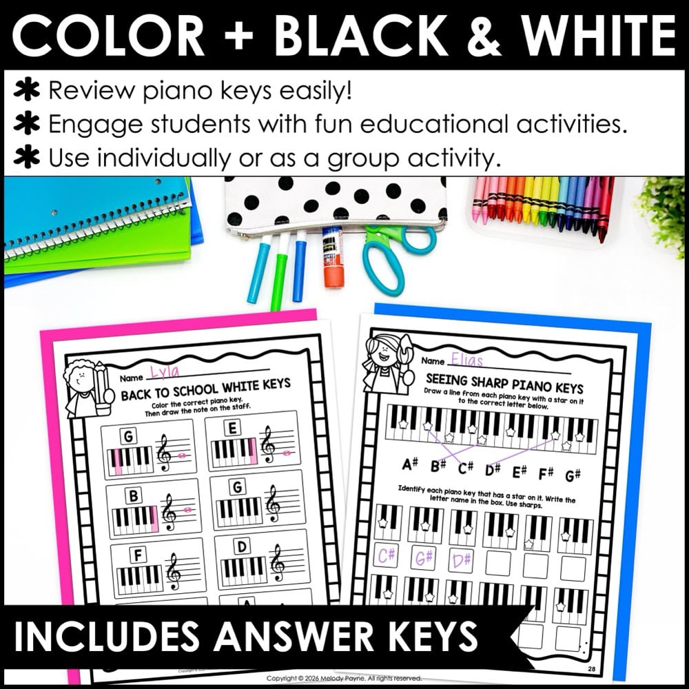 Back to School Piano Keys Worksheets - White & Black Keys, Sharps, Flats, Staff 4 Back to School Piano Keys Worksheets - White & Black Keys, Sharps, Flats, Staff - Includes black and white pages plus answer keys
