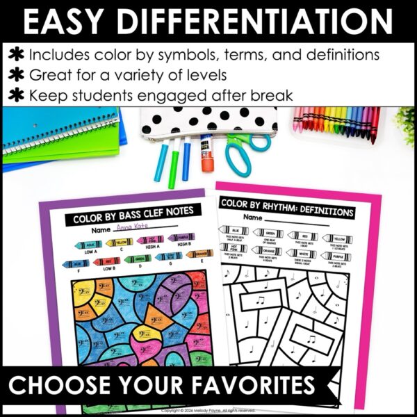 Back to School Color by Music Coloring Pages - Notes, Symbols, Rhythms, and More