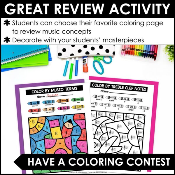 Back to School Color by Music Coloring Pages - Notes, Symbols, Rhythms, and More