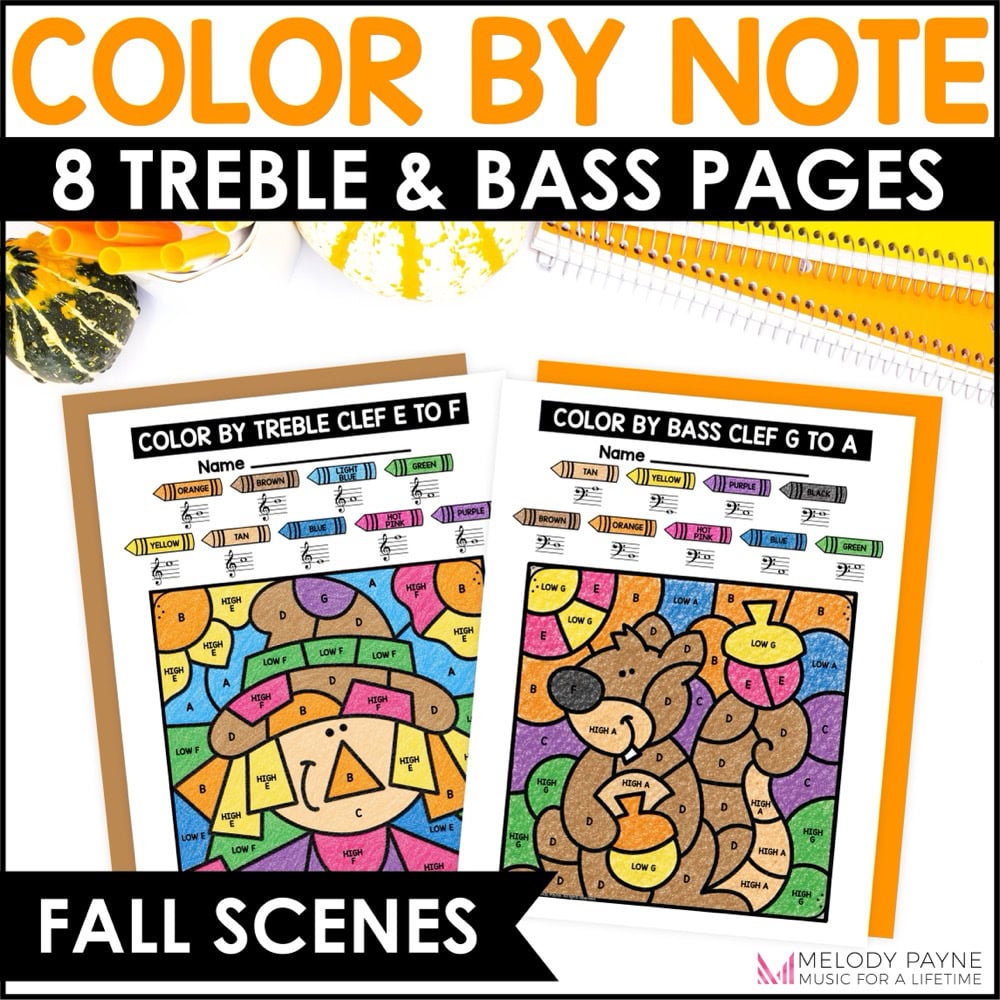 Fall Color by Note Music Coloring Pages - Treble & Bass Clef Note Reading