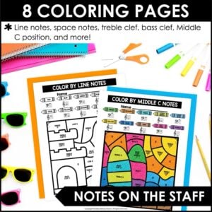 Summer Color by Note Music Coloring Pages – Treble & Bass Clef Note Reading