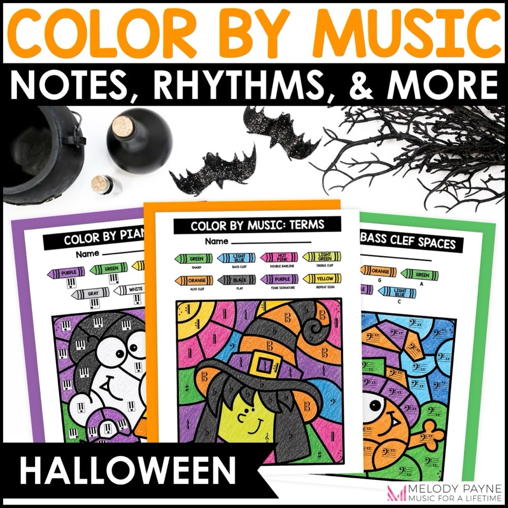 Halloween Color by Music Coloring Pages, Notes, Symbols, Rhythm, Dynamics & More