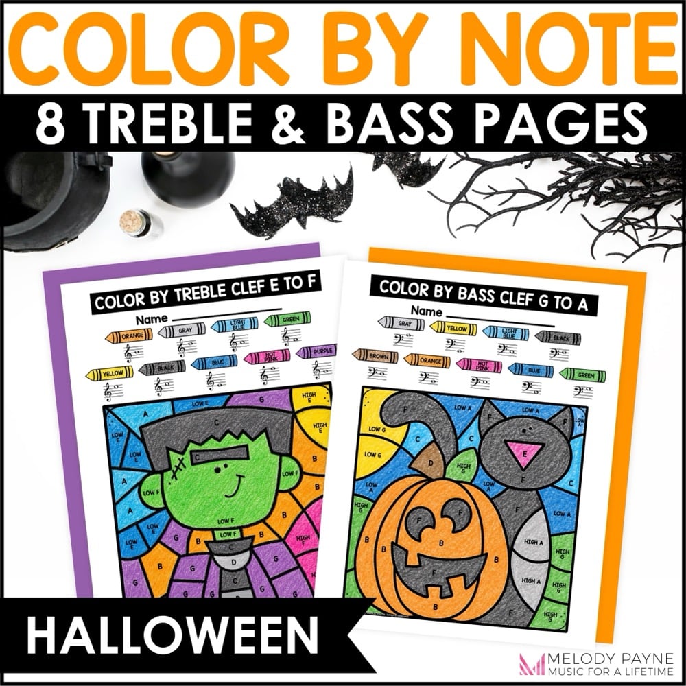 Halloween Color by Note Music Coloring Pages - Treble & Bass Clef Note Reading