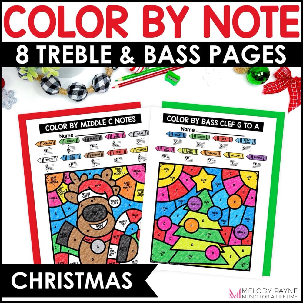 Christmas Color by Note Music Coloring Pages - Treble & Bass Clef Note Reading