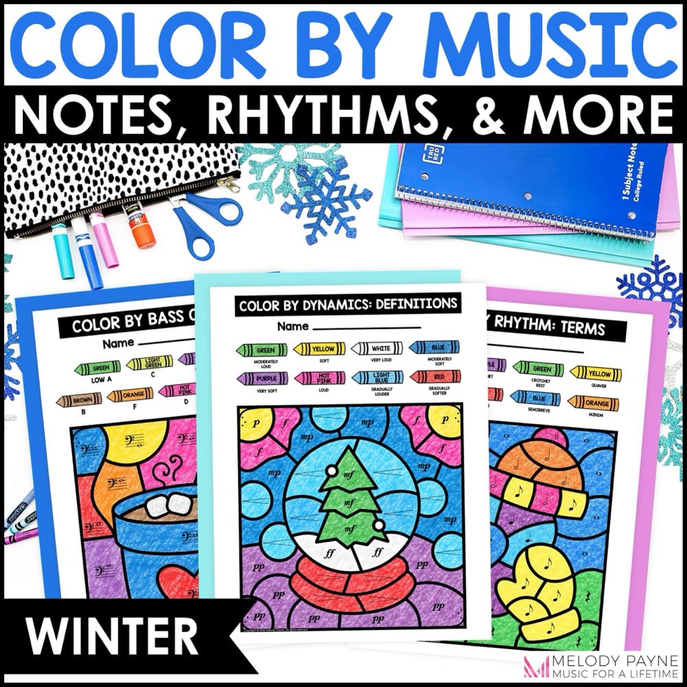 Winter Color by Music Coloring Pages - Notes, Symbols, Rhythm, Dynamics, Piano 1 Winter Color by Music Coloring Pages - Notes, Symbols, Rhythm, Dynamics, Piano