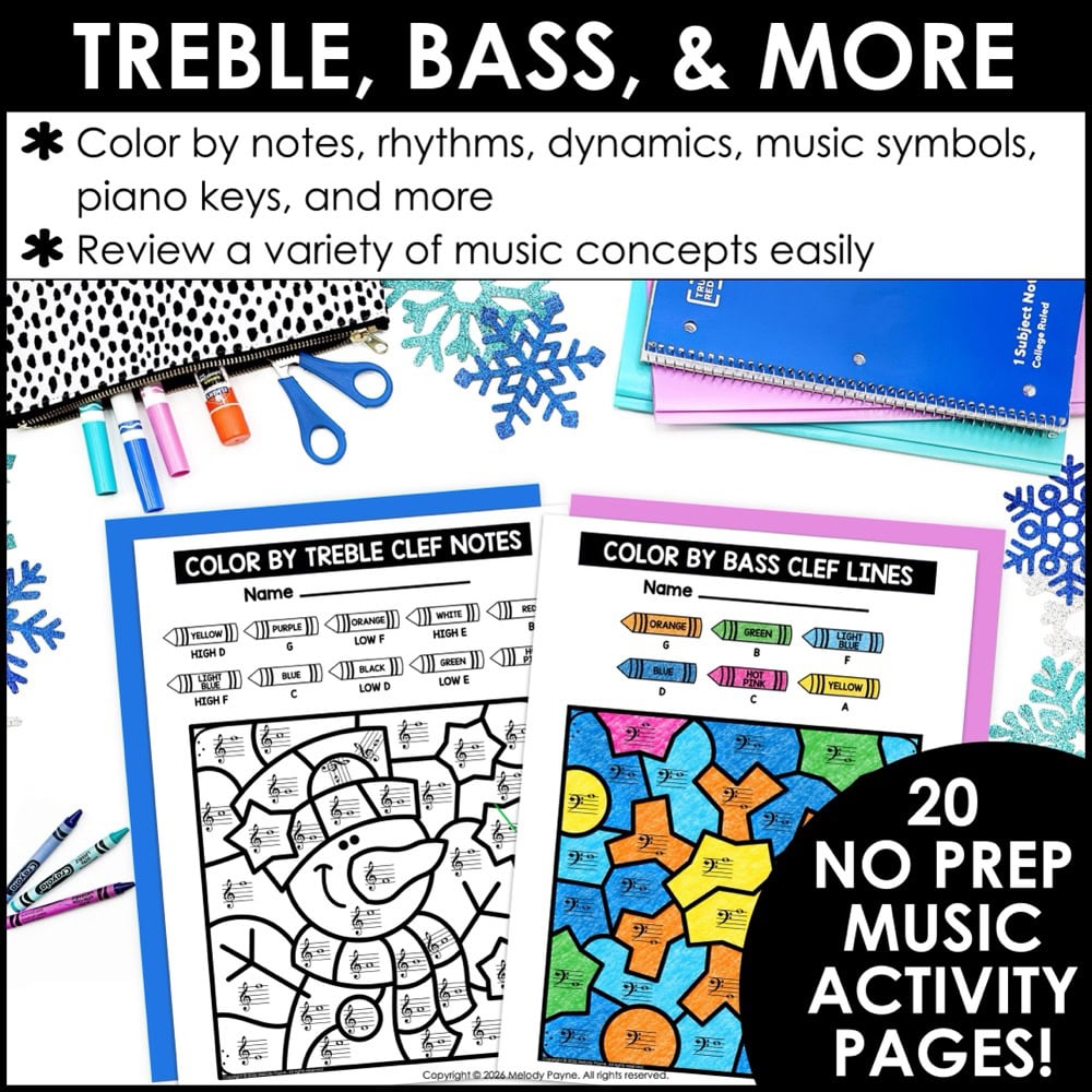 Winter Color by Music Coloring Pages - Notes, Symbols, Rhythm, Dynamics, Piano 2 Winter Color by Music Coloring Pages - Notes, Symbols, Rhythm, Dynamics, Piano
